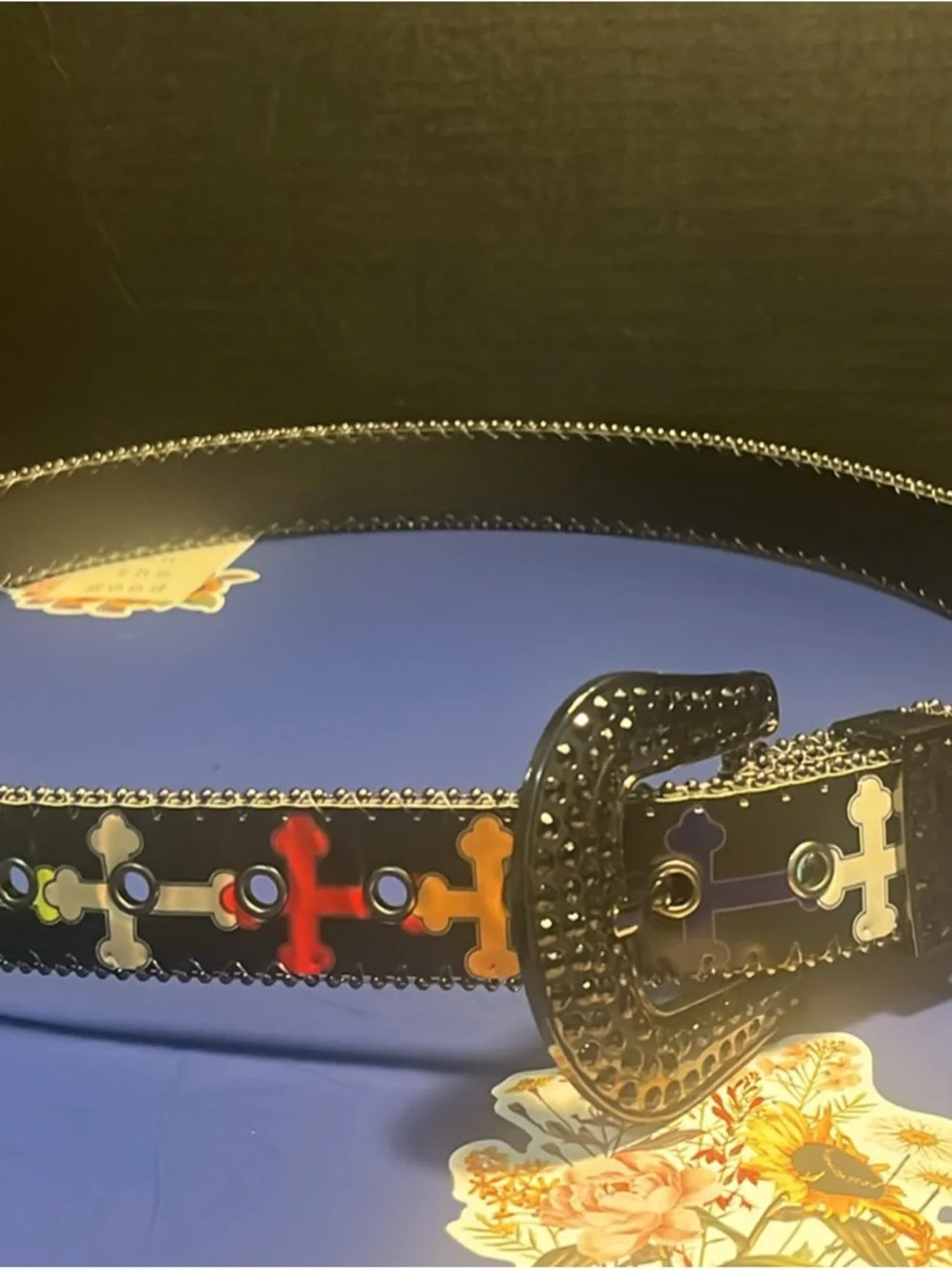 Women's Black Beaded Belt with Enamel Floral Accents